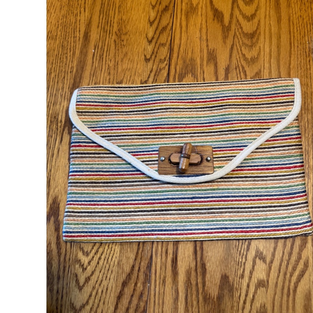 Vintage 1960s Walborg Made in Japan Rainbow Woven Stripe Wood Toggle Bag